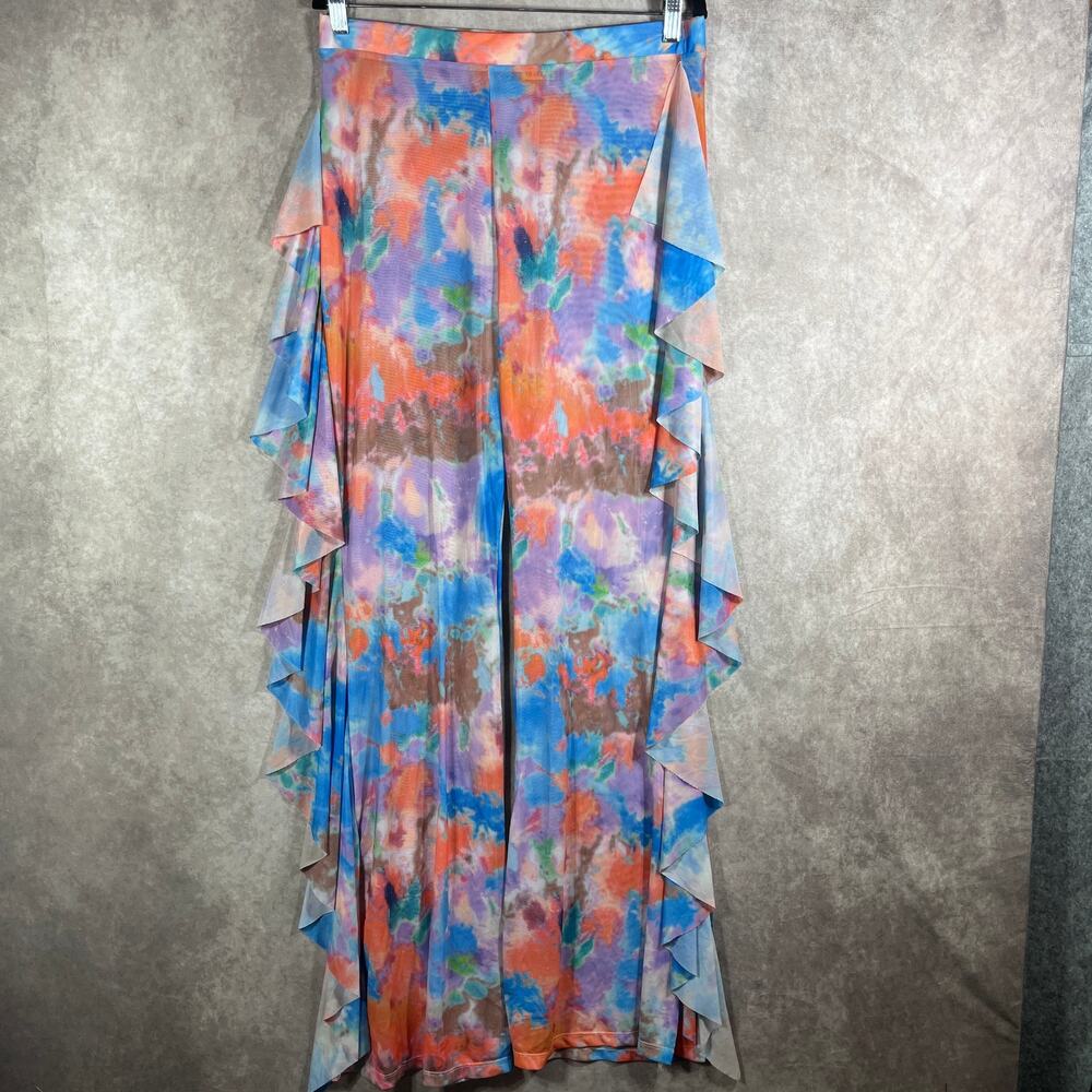 Love Highlight Pants Cover Up Womens XL Multicolor Mesh Sheer Ruffle Psychedelic
